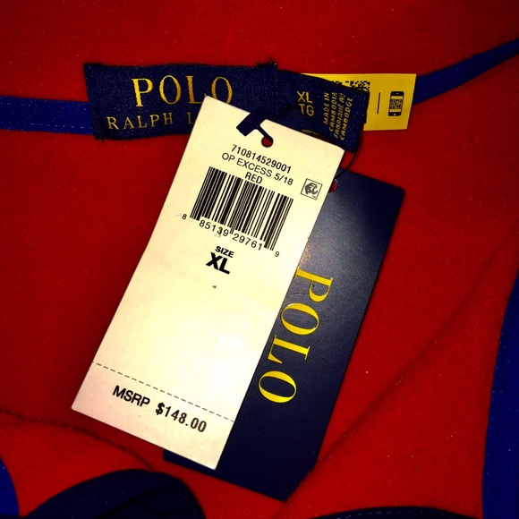 Ralph Lauren Polo Red/Navy Polo Fleece Mock Pullover Snap Up Collar LG&XL - Picture 4 of 12